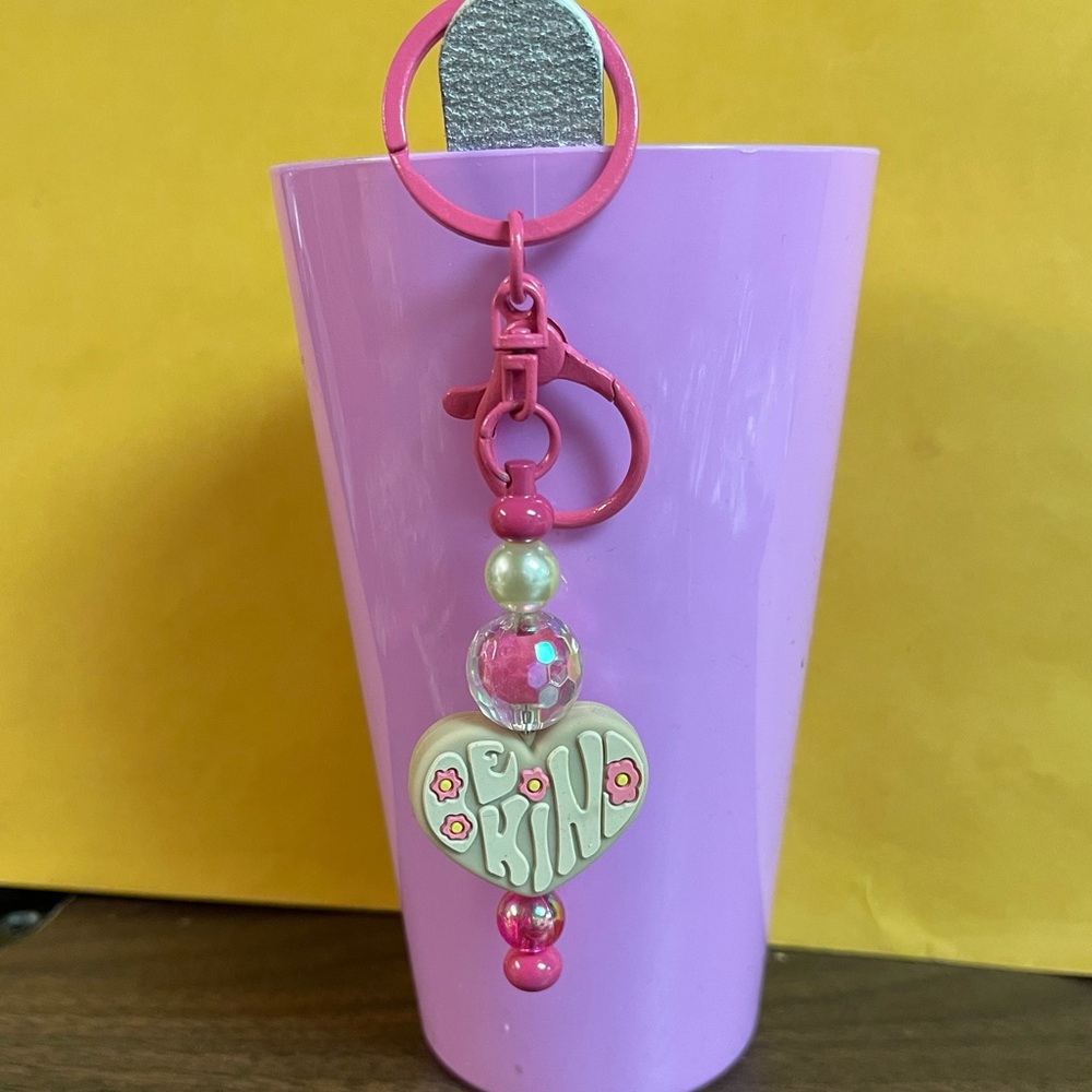 Pink Beaded Keychain with Heart Charm